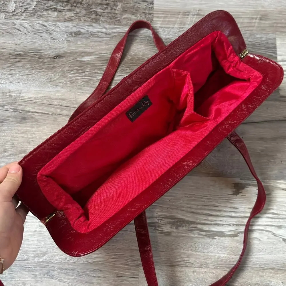 Vintage Paint the Lily Red Leather Tapestry Shoulder Bag Toile